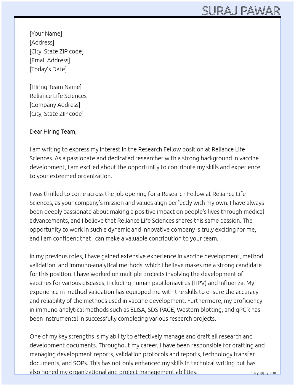 Research fellow At Reliance life sciences Cover Letter