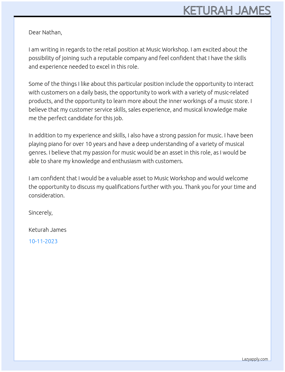 Retail At Music Workshop Cover Letter