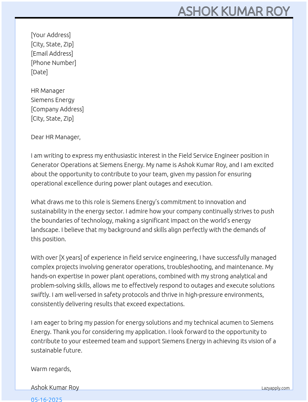 Field Service Engineer Generator Operations - Power plant outages and execution At Siemens Energy Cover Letter