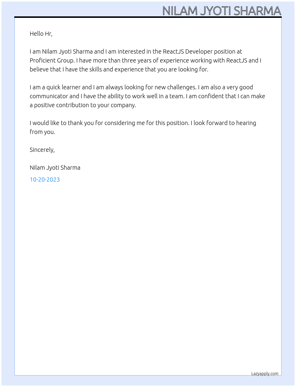 ReactJS Developer At Proficient Group Cover Letter
