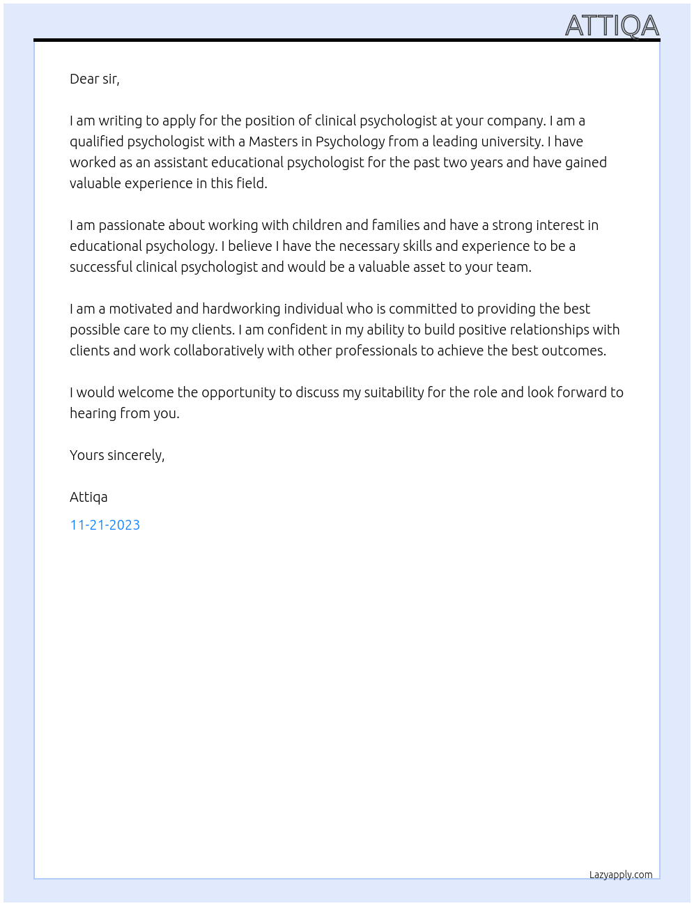 Clinical Psychologist At Assistant educational psychologist Cover Letter