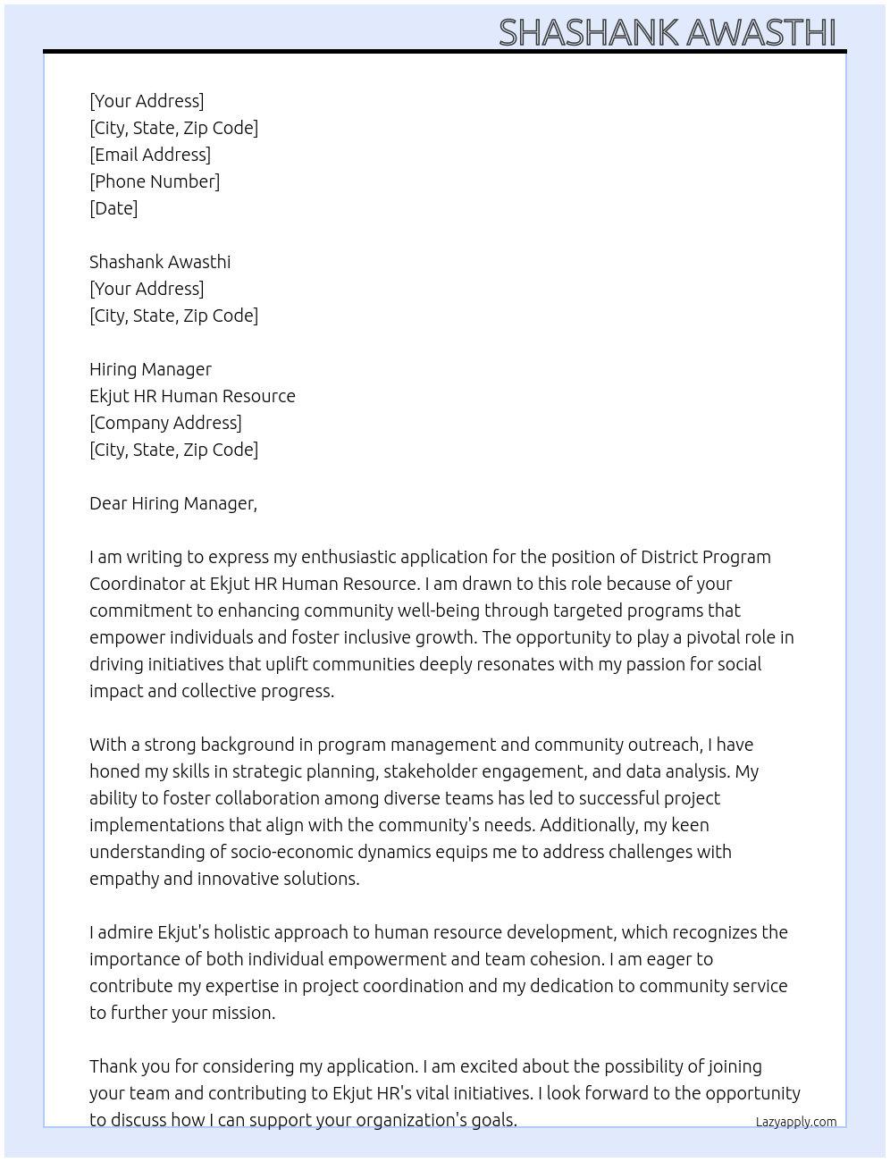 District program coordinator  At Ekjut HR Human resource  Cover Letter