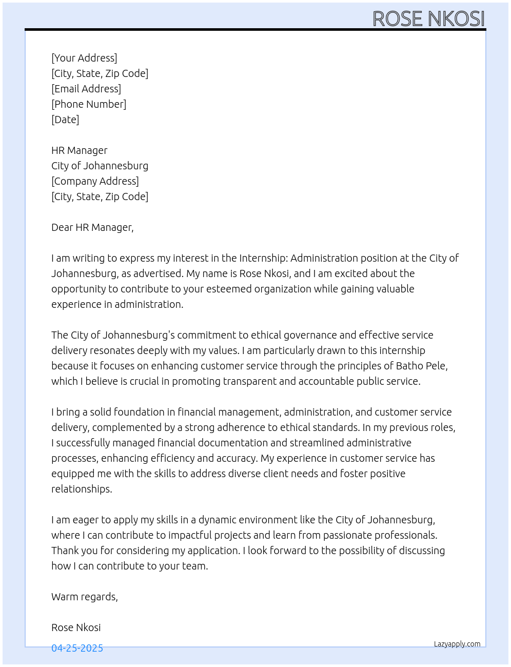 Internship: Administration At city of johannesburg Cover Letter