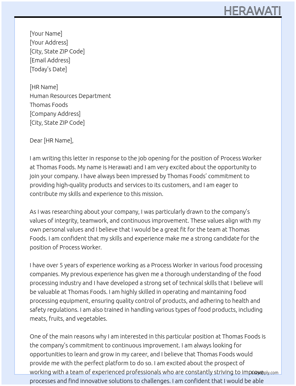 process worker At Thomas Foods Cover Letter