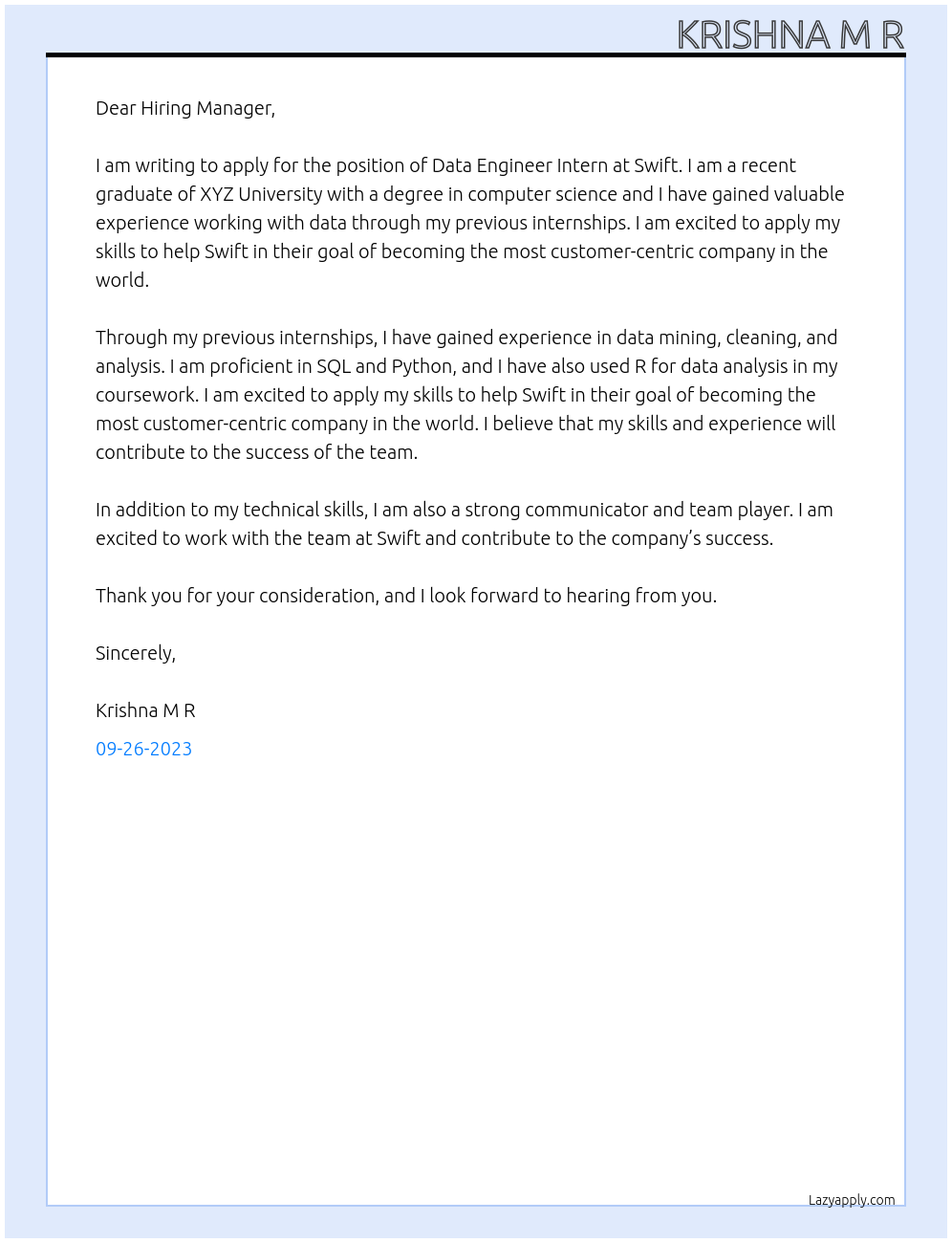 Data Engineer Intern At Swift Cover Letter