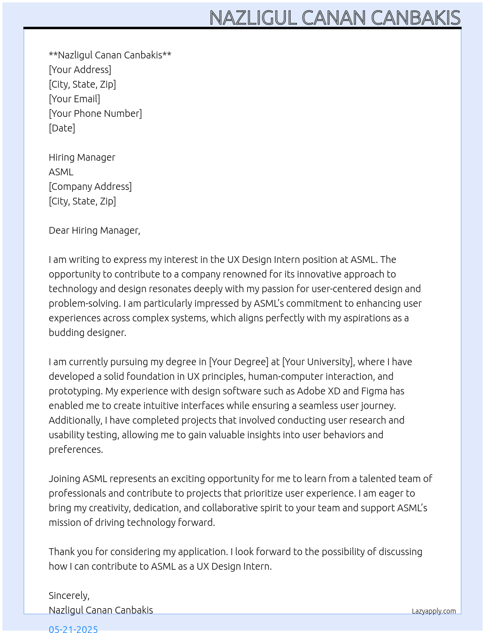 UX Design Intern At ASML Cover Letter