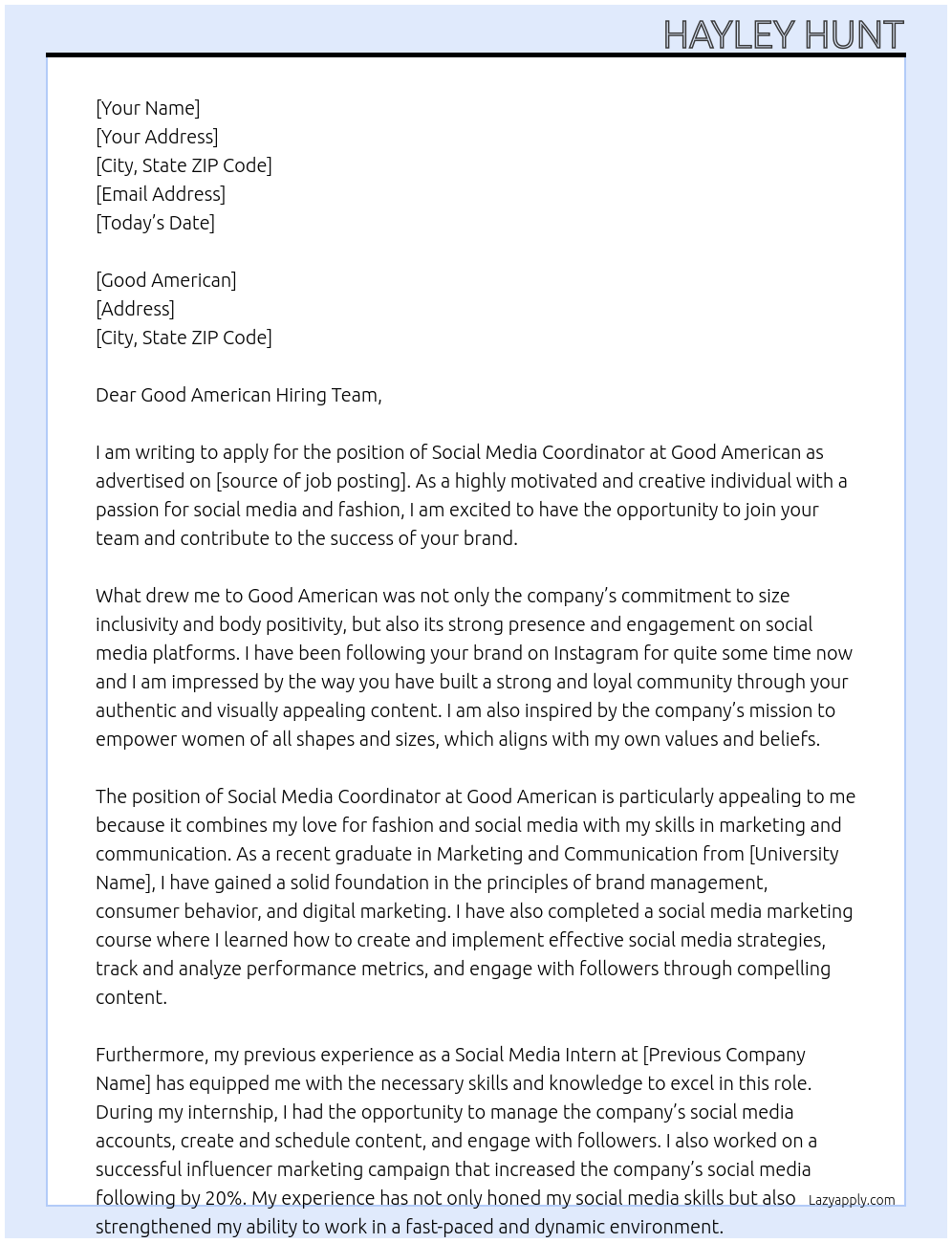 Social Media Coordinator At Good American Cover Letter