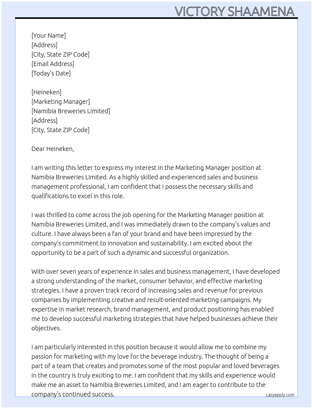 Marketing Manager At Nmaibia Breweries Limited Cover Letter