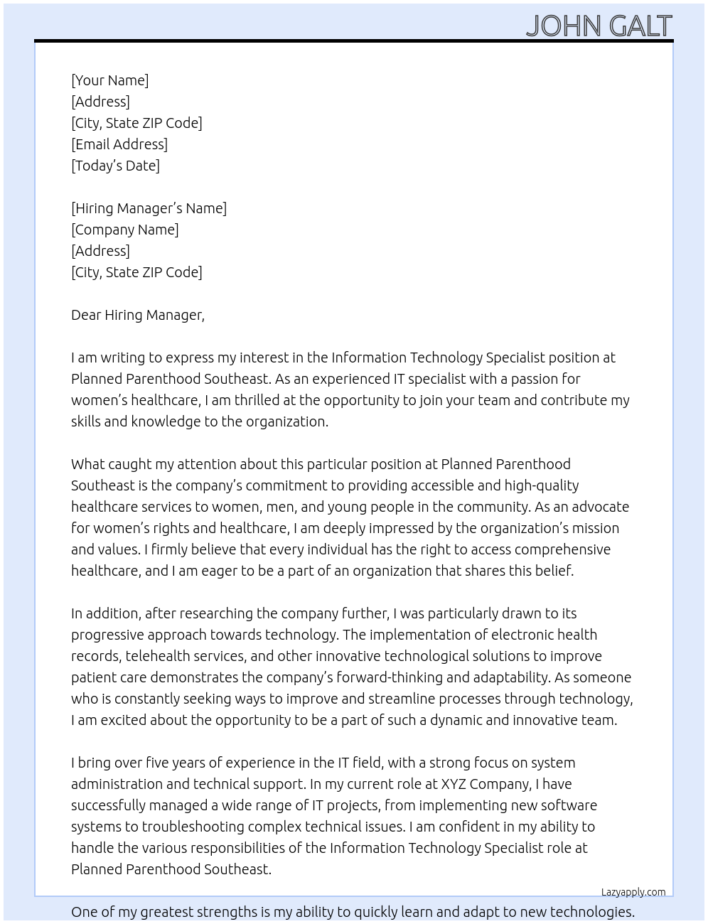 Information Technology Specialist At Planned Parenthood Southeast Cover Letter