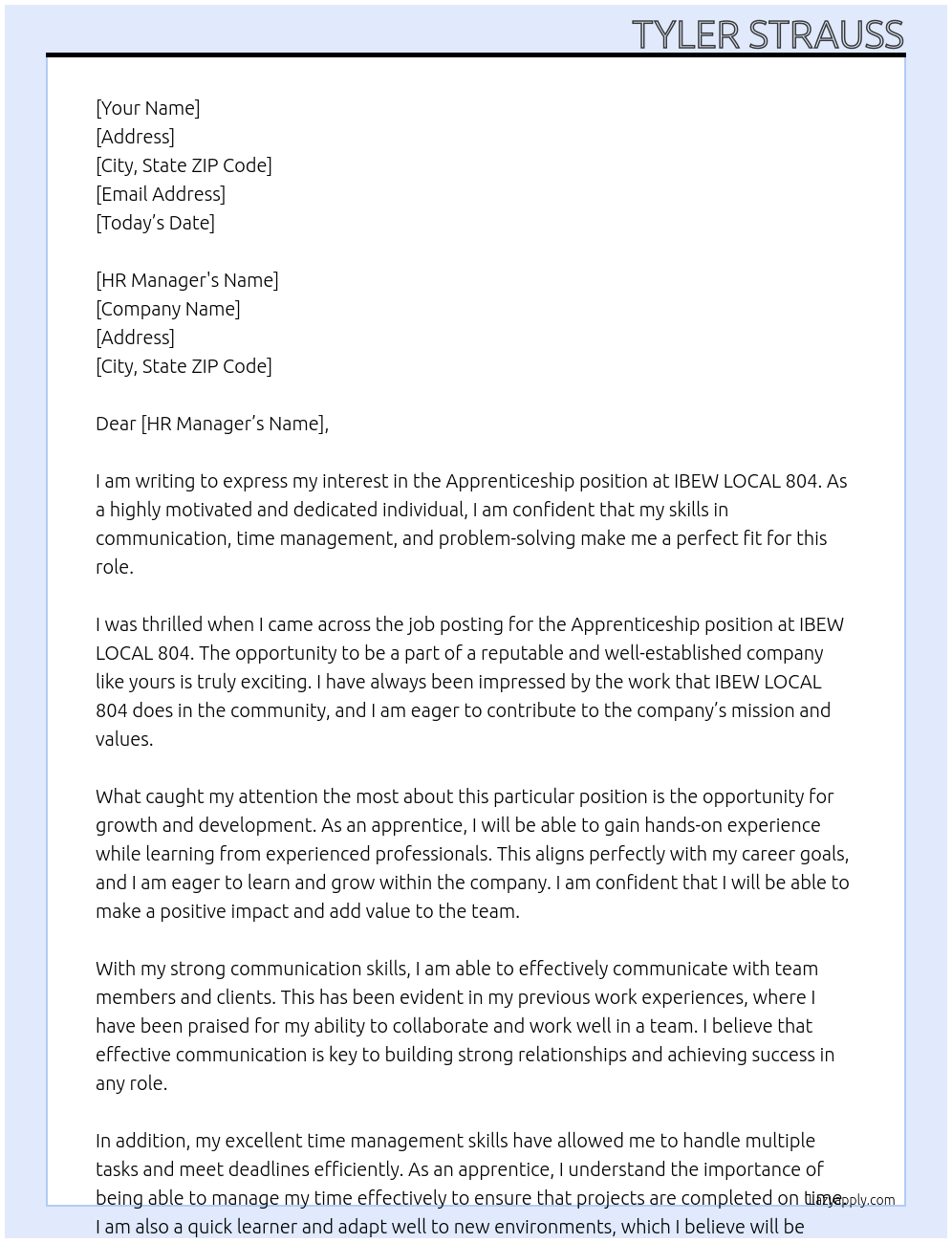 Apprenticeship At IBEW LOCAL 804 Cover Letter