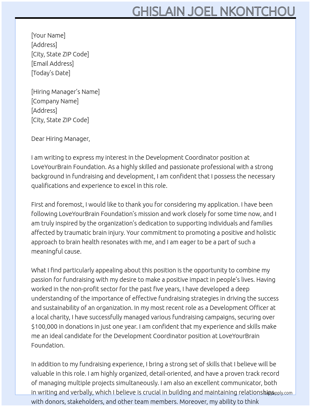 Development Coordinator At LoveYourBrain Foundation Cover Letter