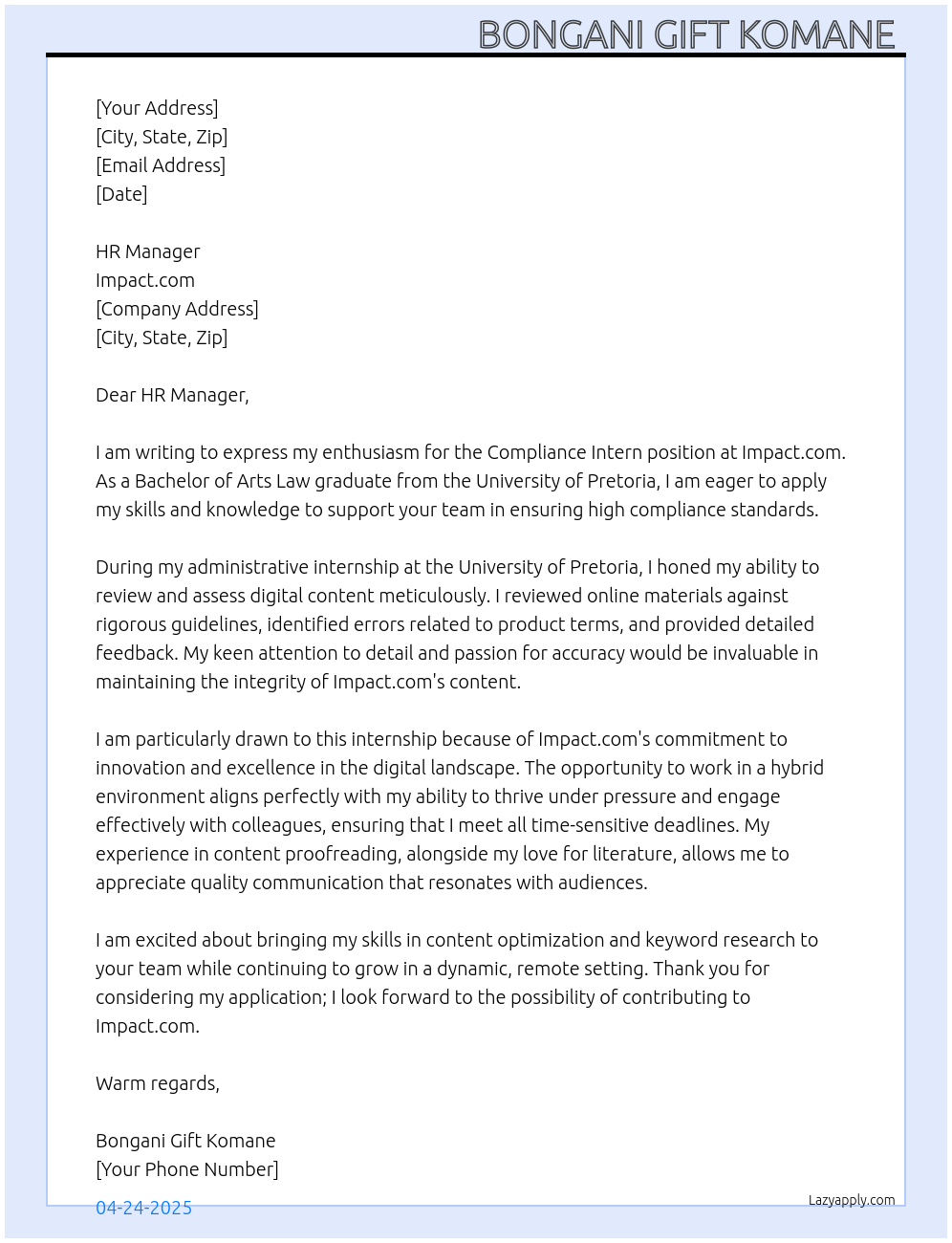 Cover letter for compliance intern - LazyApply