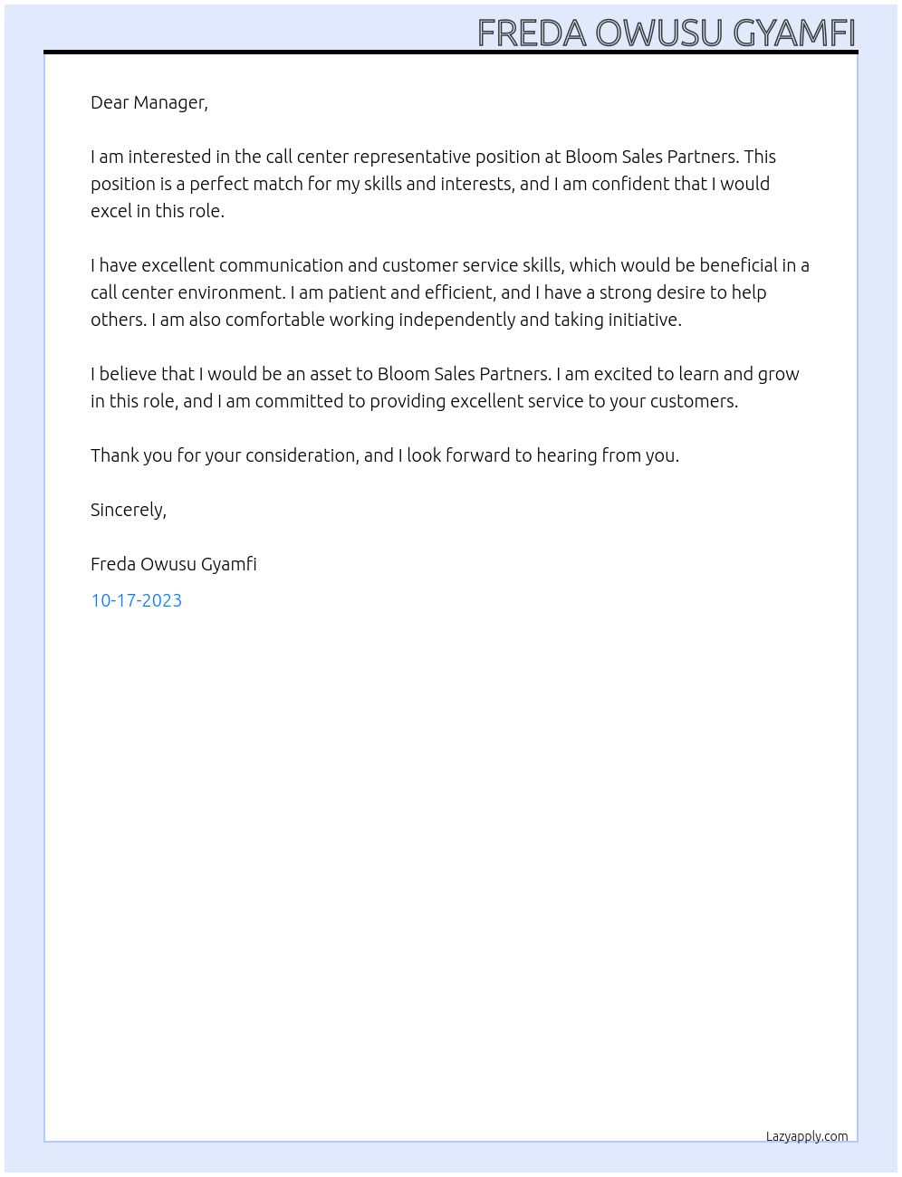 Call center representative At Bloom Sales Partners Cover Letter