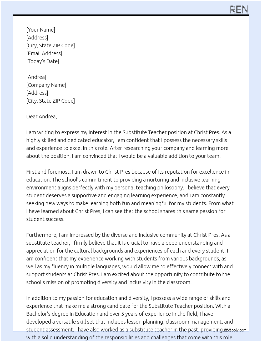 Substitute Teacher At christ pres Cover Letter