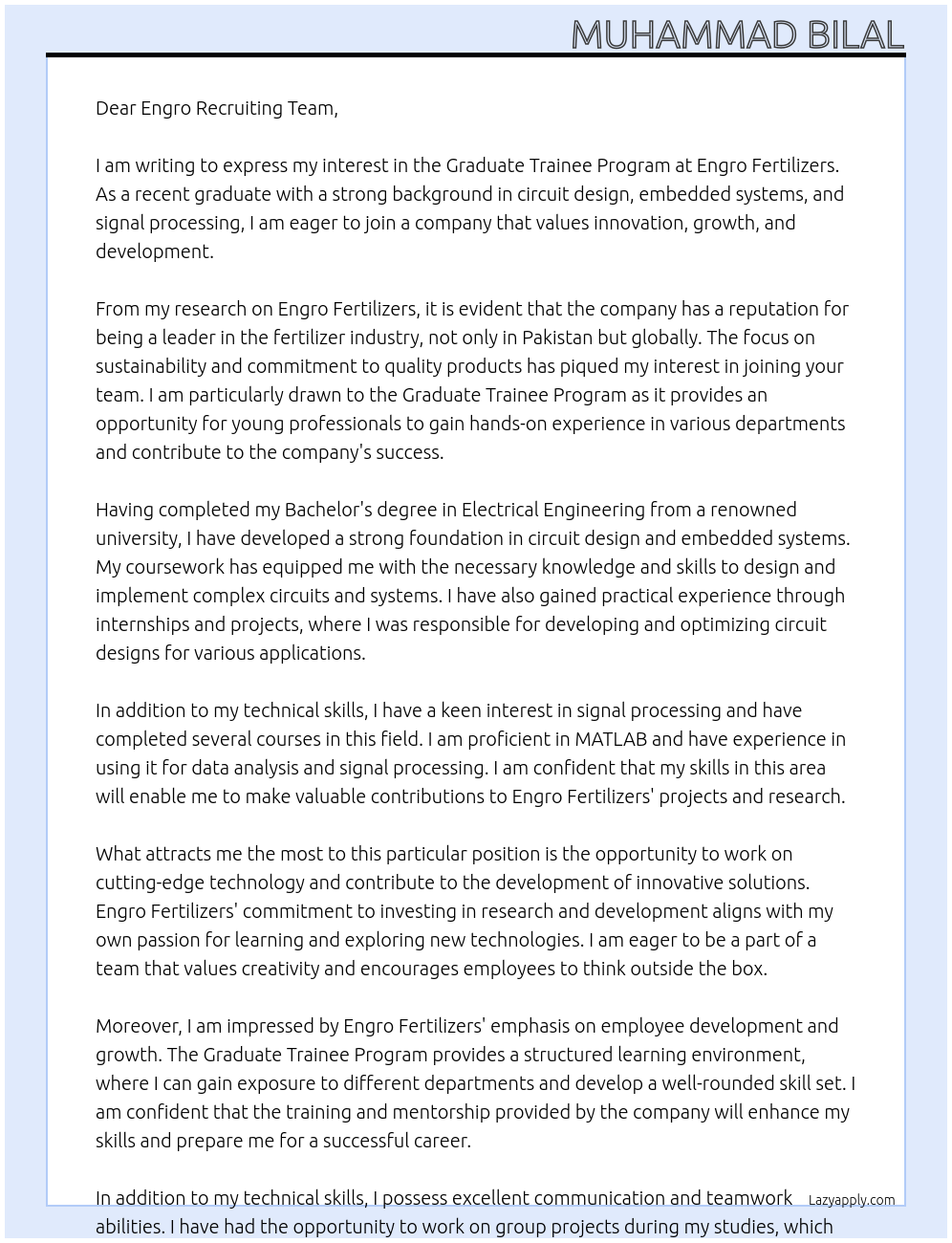 Graduate Trainee Program At Engro Fertilizers Cover Letter