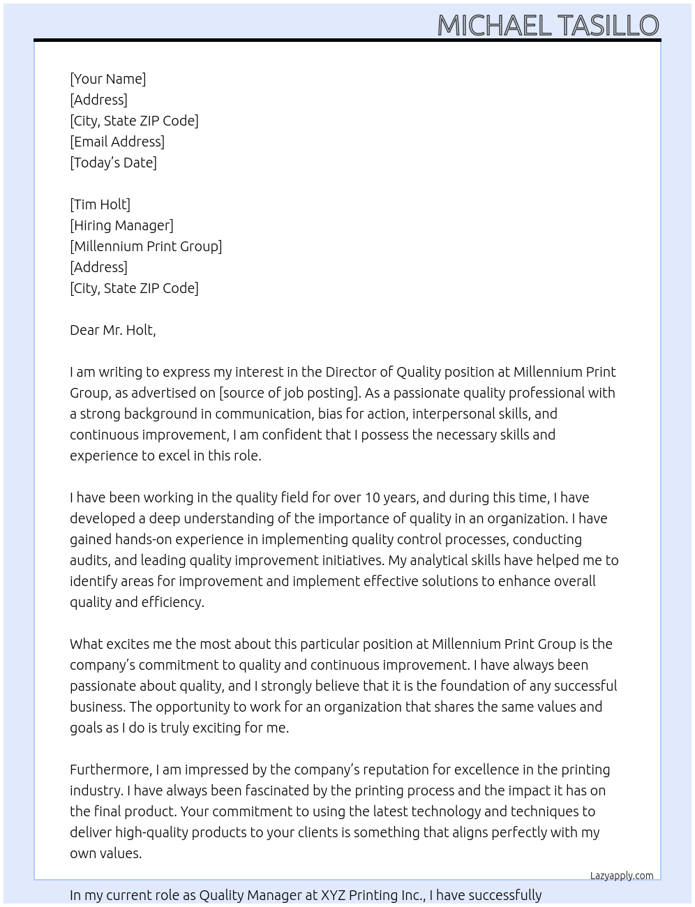 Director of Quality At Millennium Print Group Cover Letter