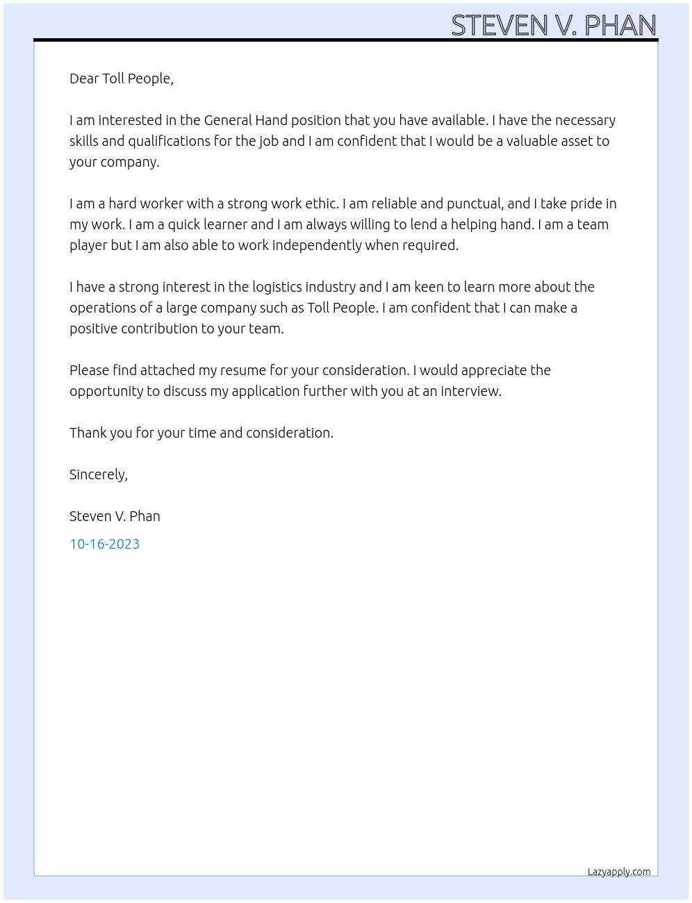 General hand At Toll People Cover Letter