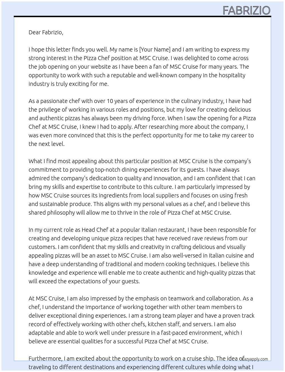 Pizza chef At Msc cruise Cover Letter