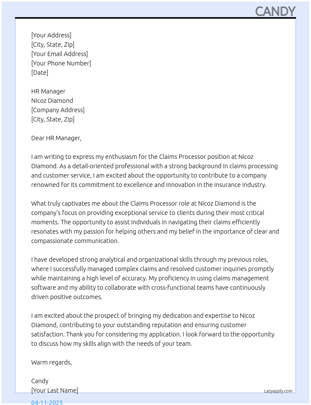 Claims processor At Nicoz Diamond  Cover Letter