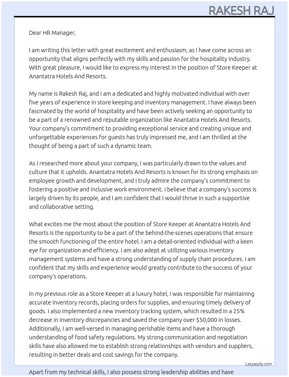 store keeper At Anantatra Hotels And Resorts Cover Letter
