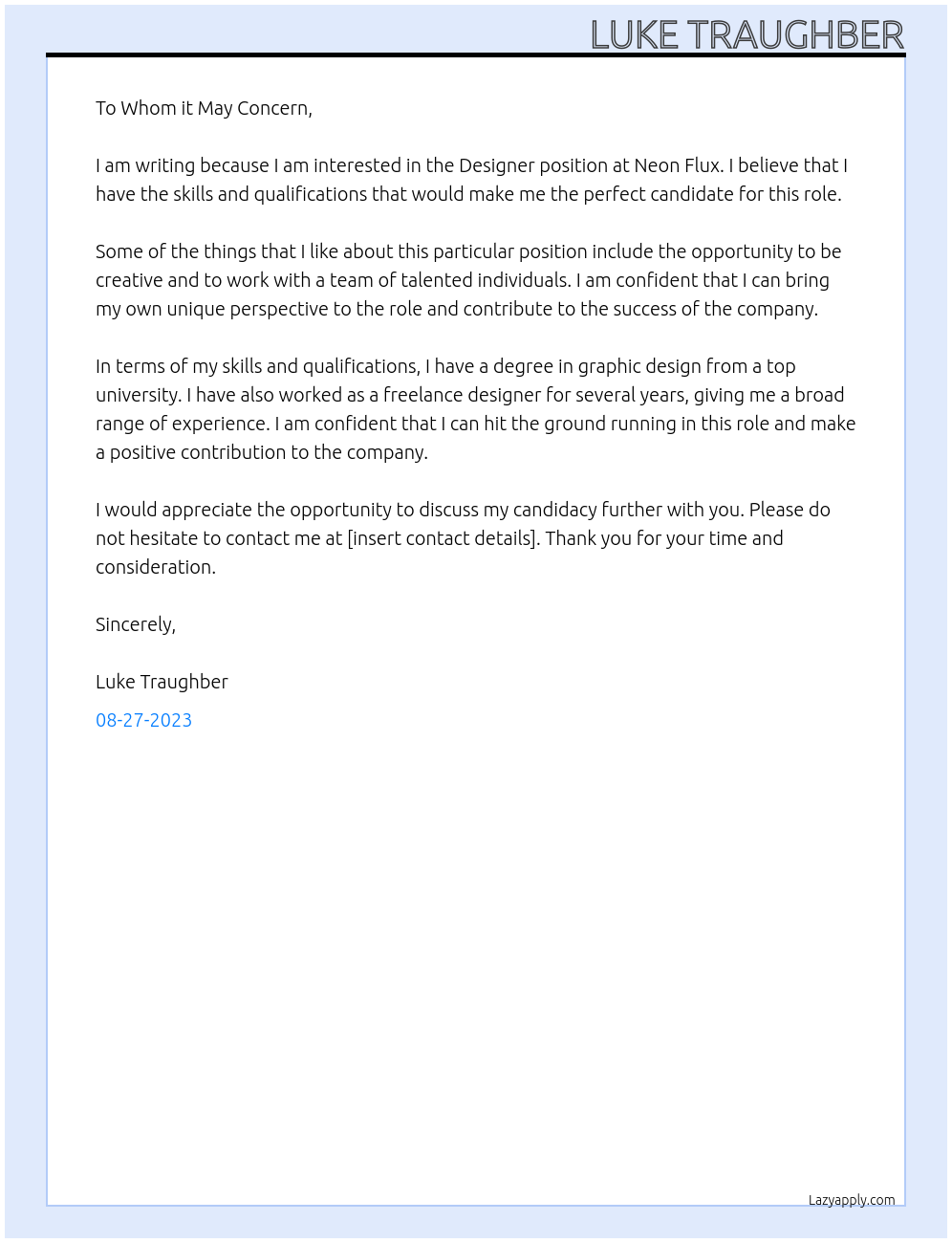 Designer At Neon Flux Cover Letter