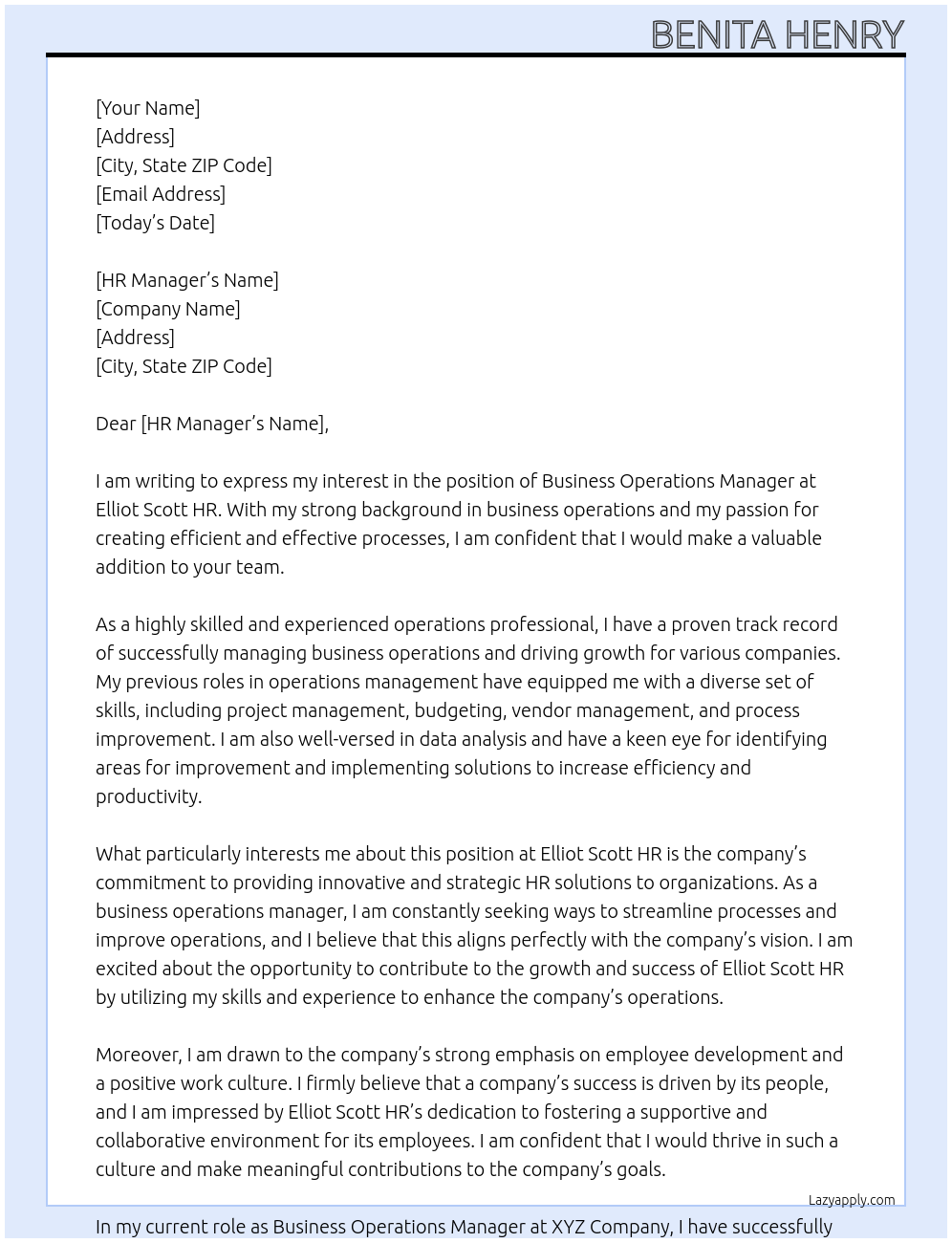 business operations manager At Elliot Scott HR Cover Letter