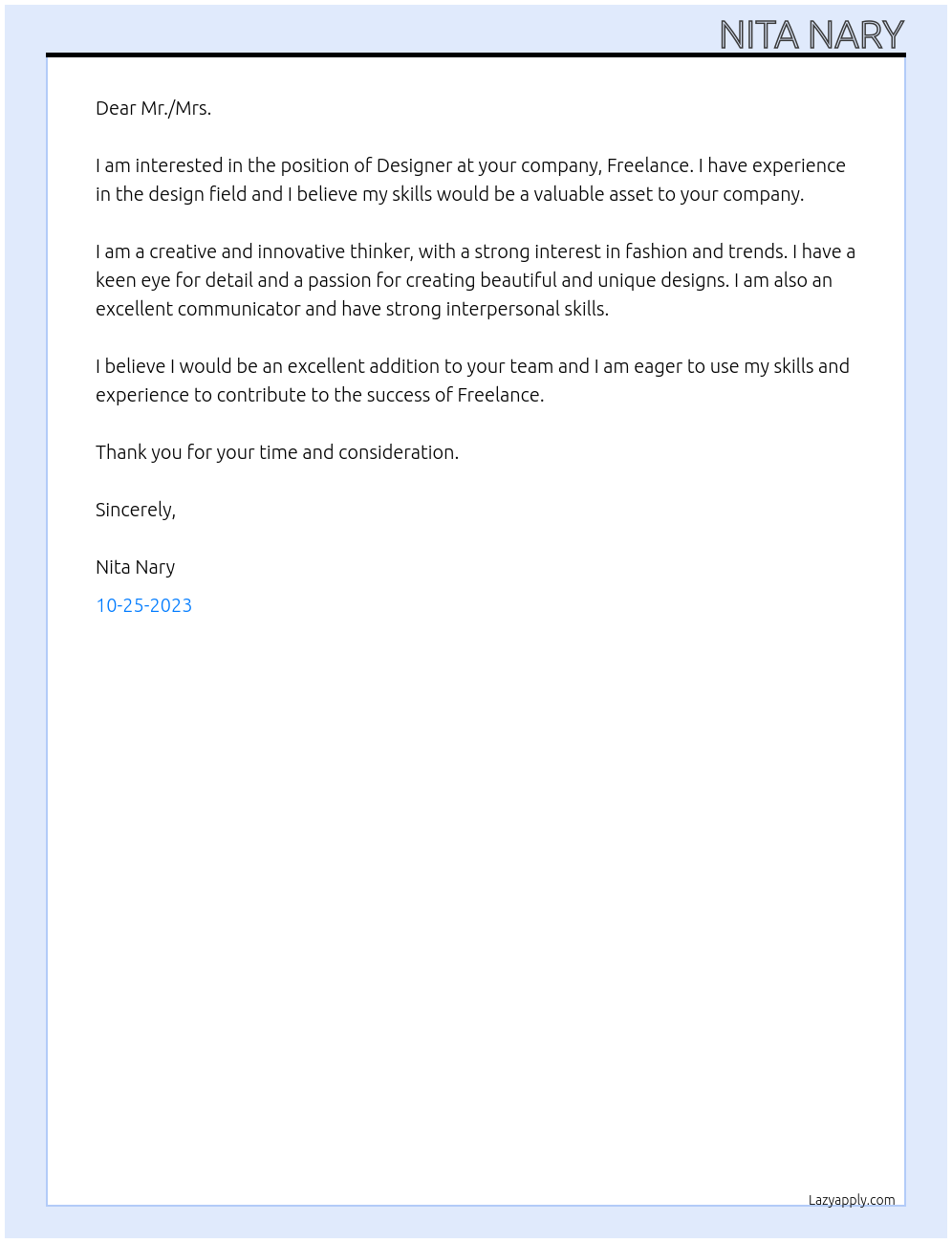 Designer At Freelance Cover Letter