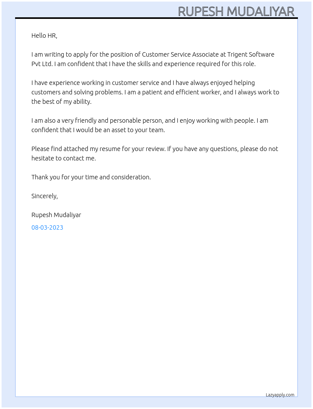 Customer service associate At Trigent Software Pvt Ltd Cover Letter