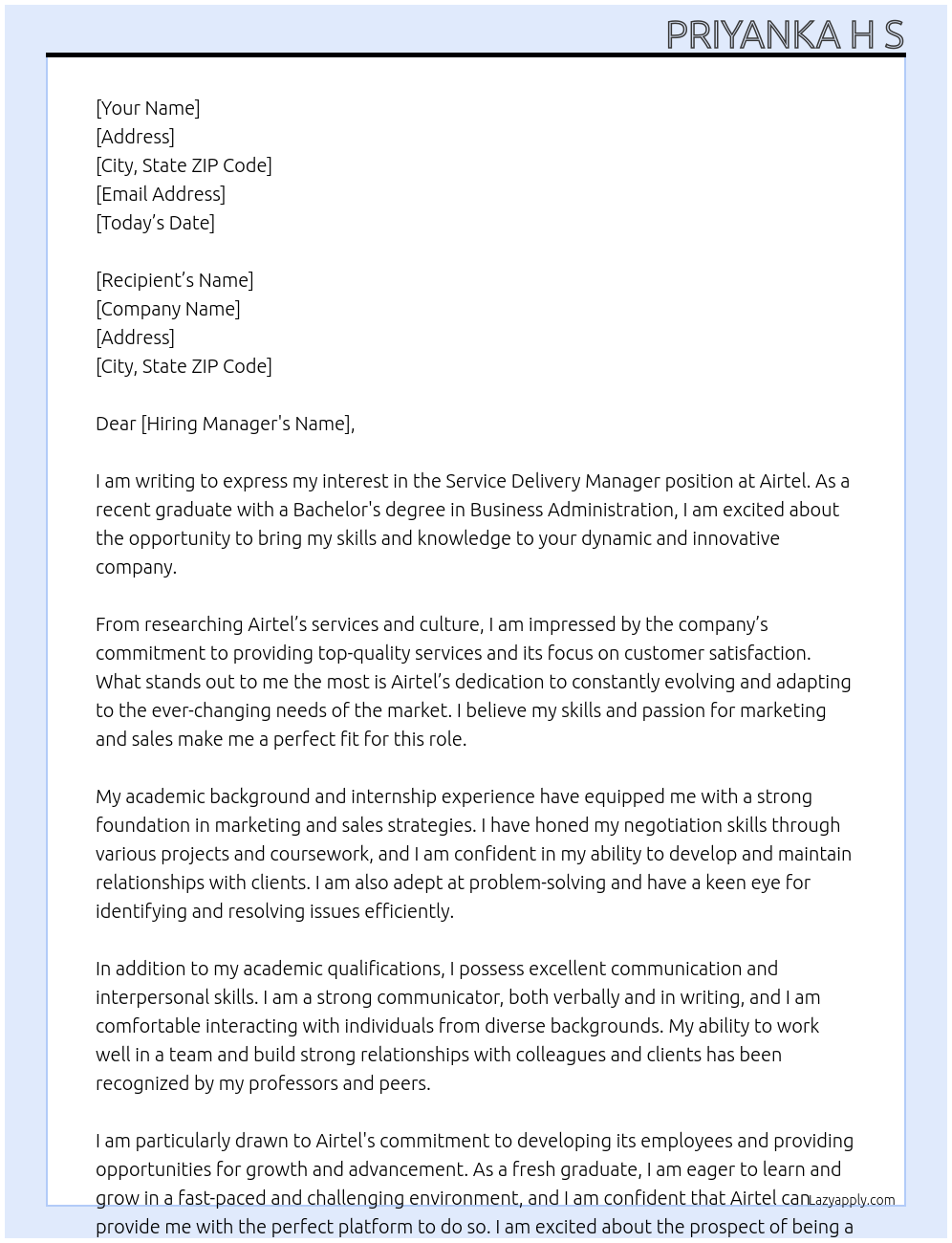 Service delivery manager At Airtel Cover Letter