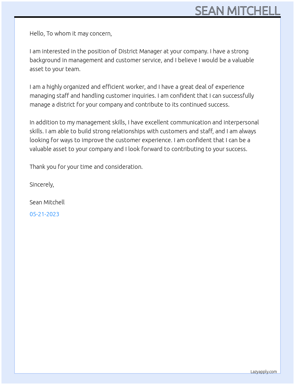 District Manager At any Cover Letter