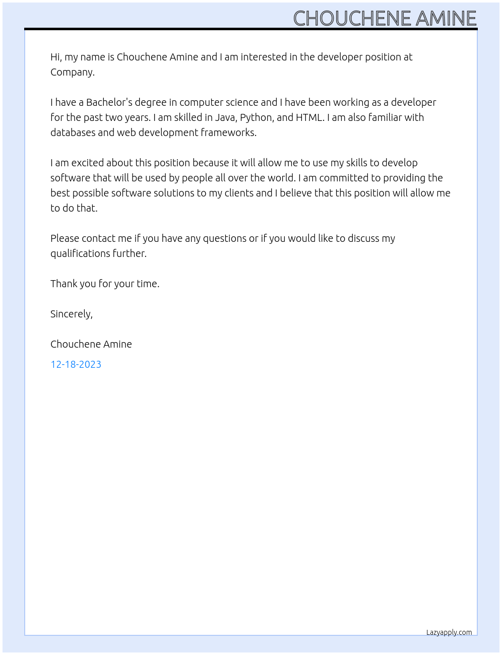 developer At Company Cover Letter