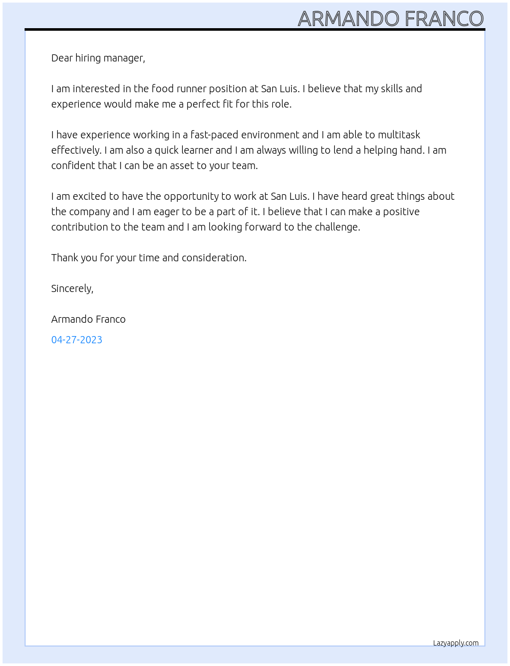 Food Runner At San Luis Cover Letter