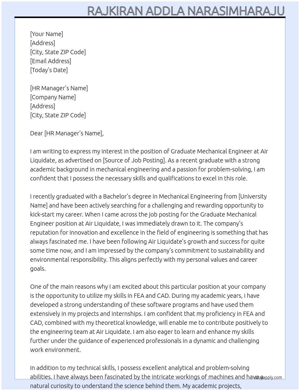 Graduate Mechanical engineer At Air liquidate Cover Letter