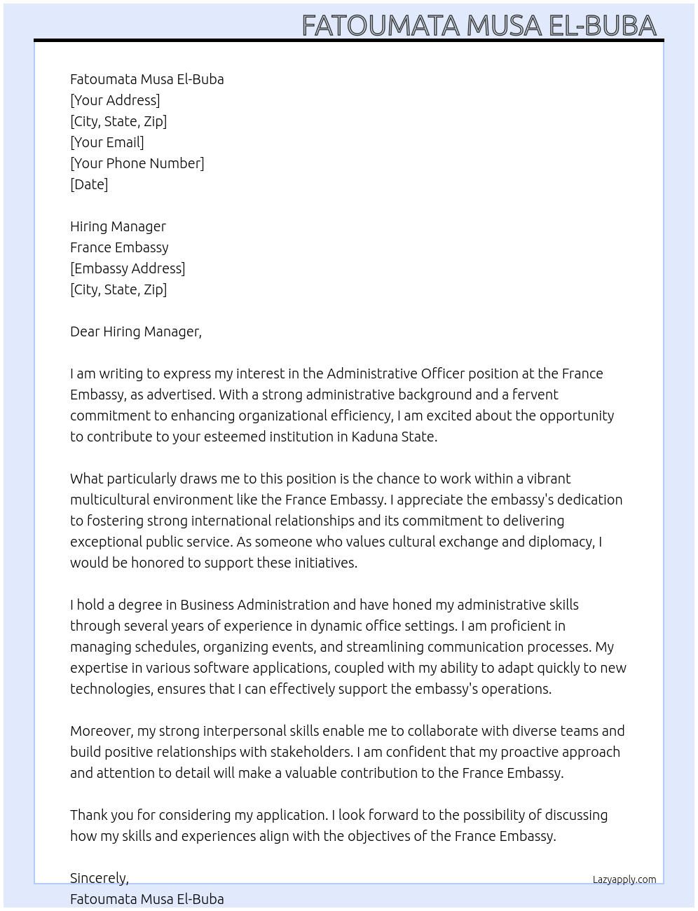 Cover letter for administrative officer - LazyApply
