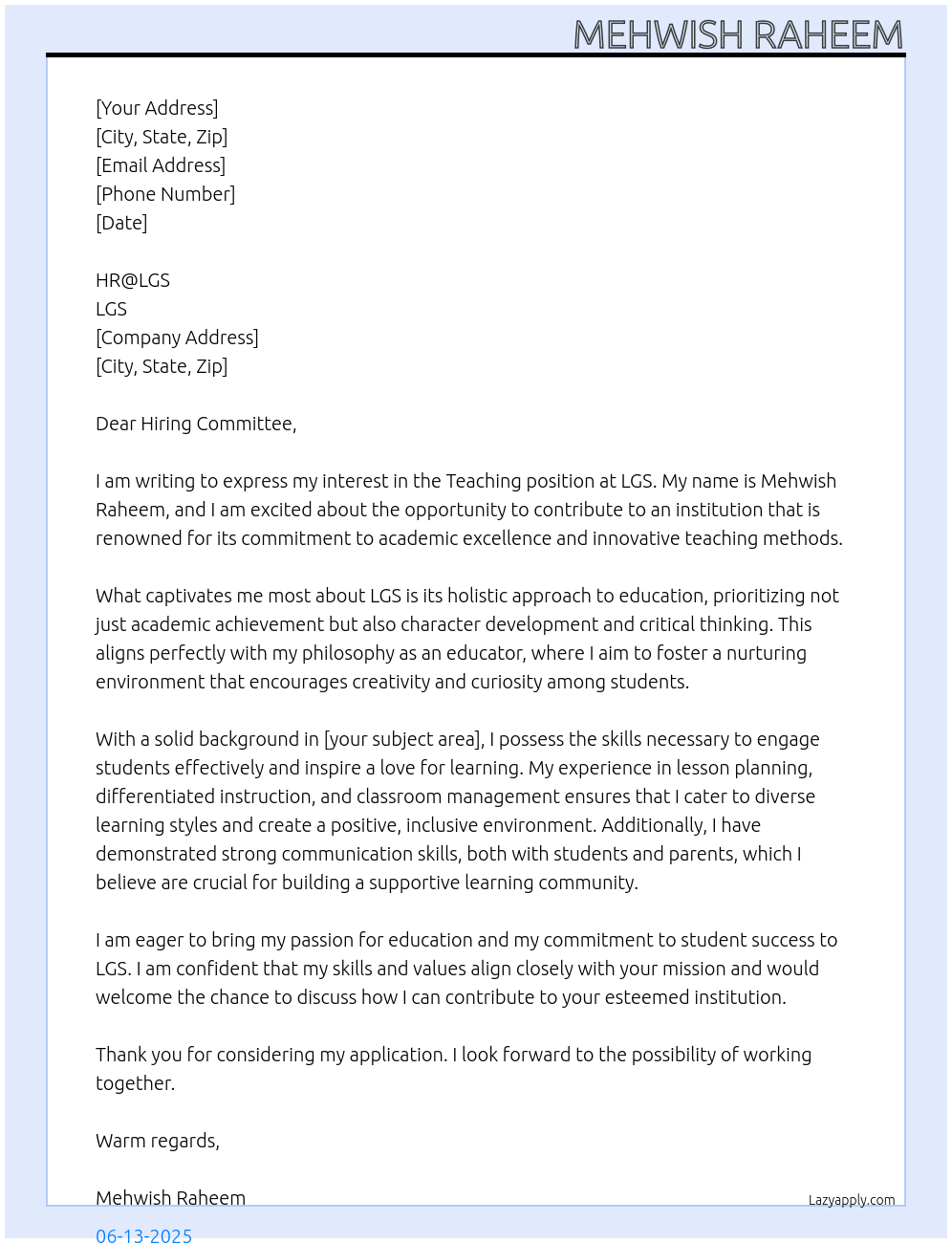 Teaching At LGS Cover Letter