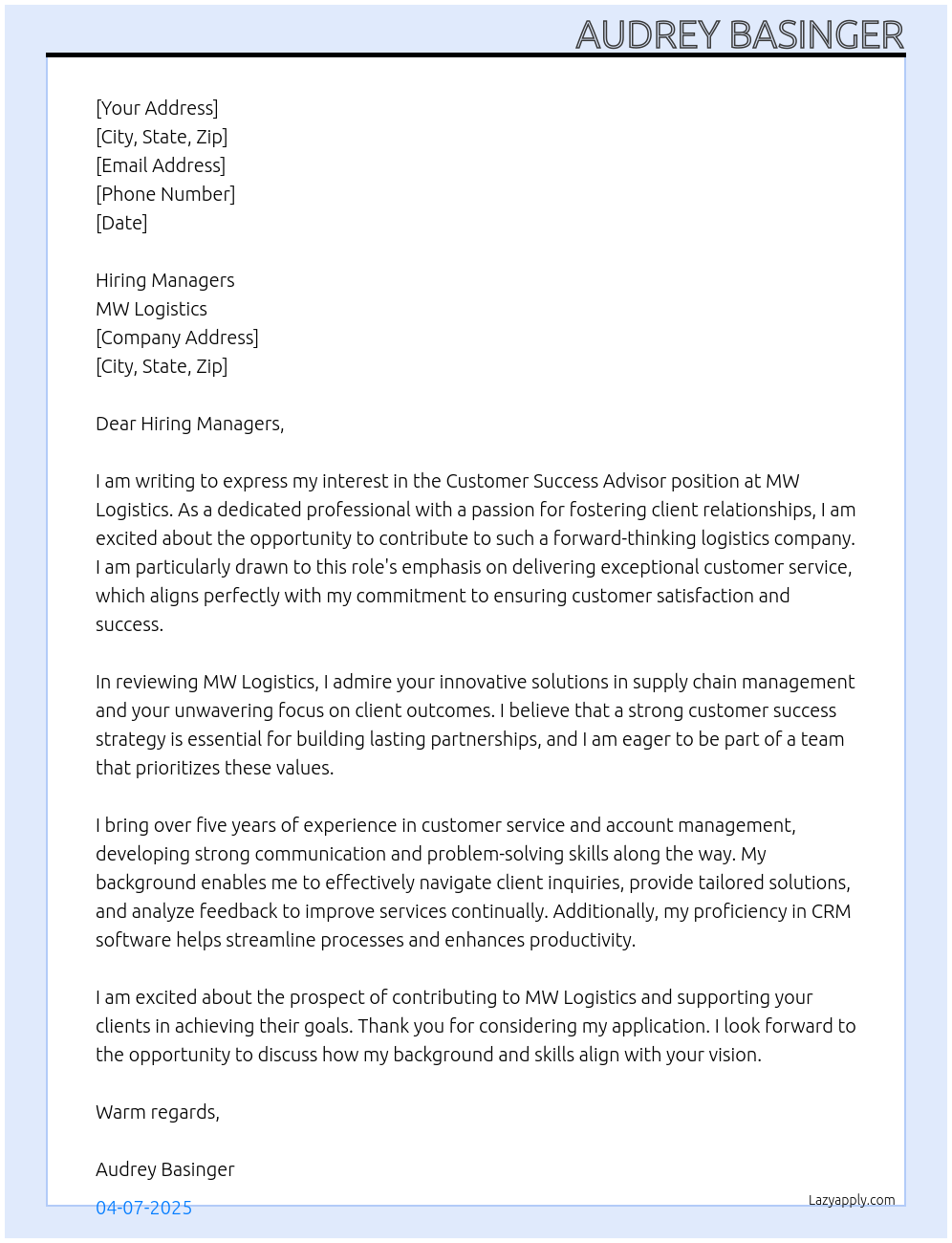 Customer Success Advisor At MW Logistics Cover Letter