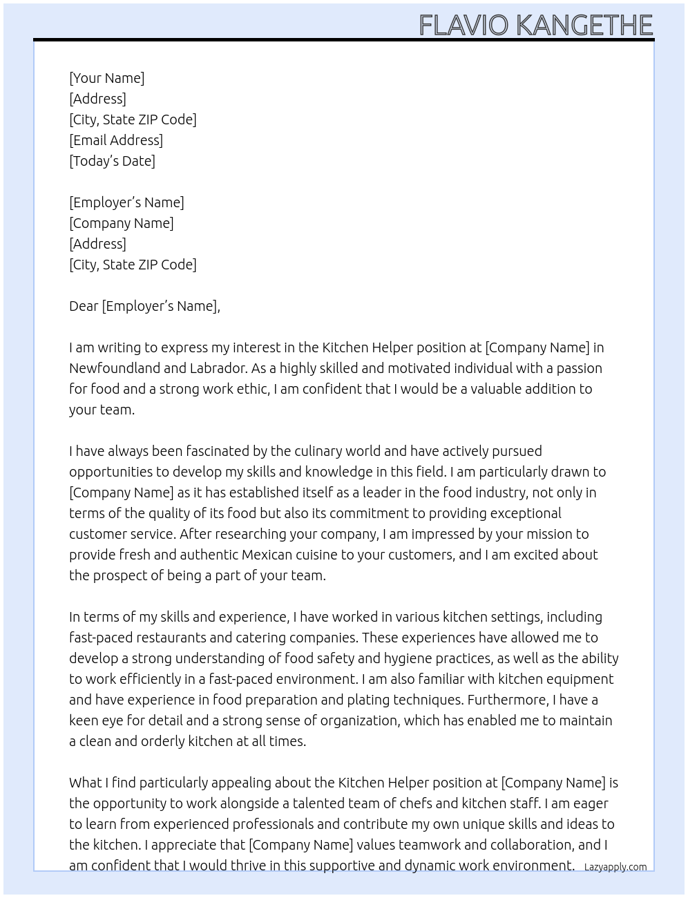 kitchen helper At Newfoundland and Labrador Cover Letter