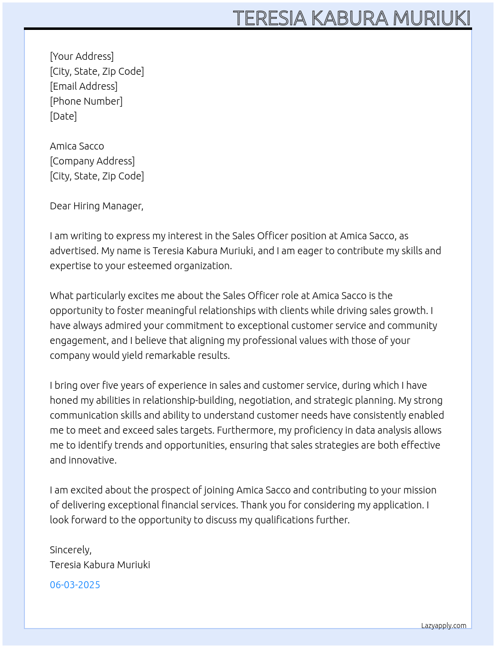 sales officer At TERESIA KABURA MURIUKI Cover Letter