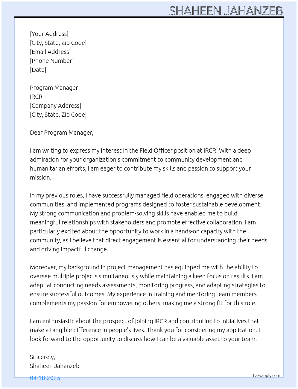 Field Officer At IRCR Cover Letter