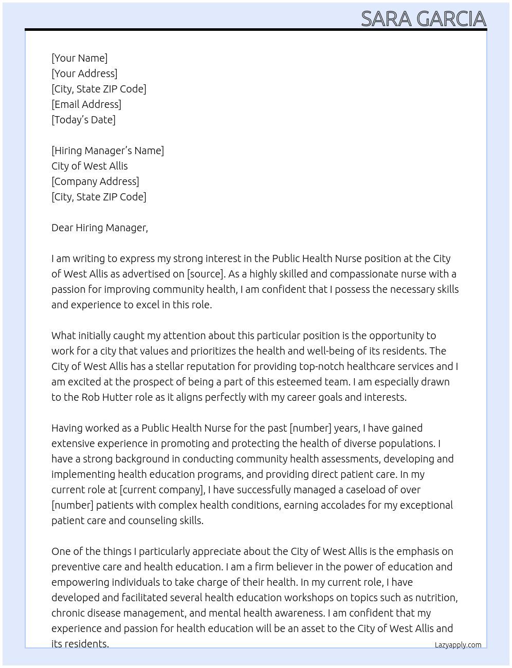 Public Health Nurse At City of West Allis Cover Letter
