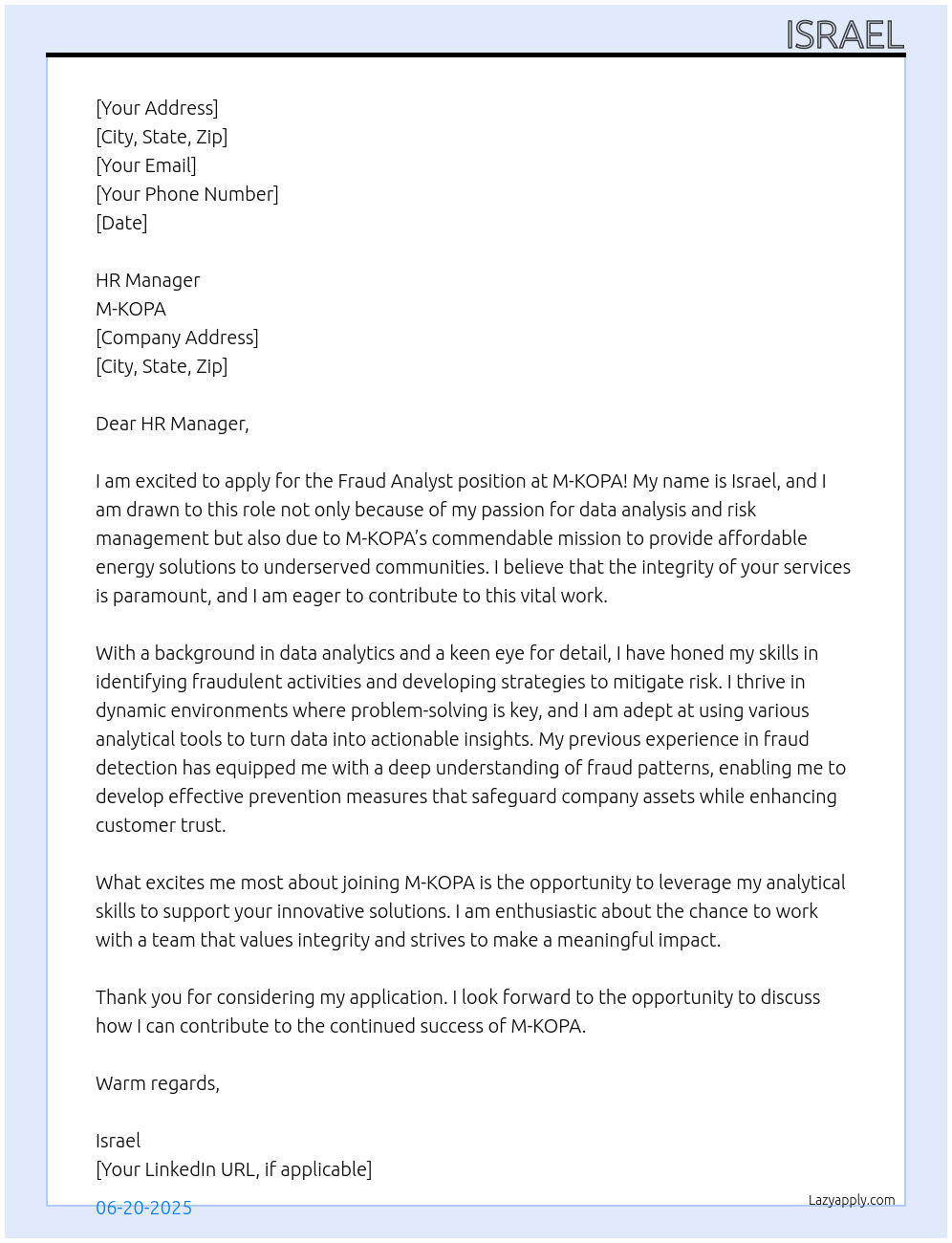 Cover letter for Fraud Analyst - LazyApply
