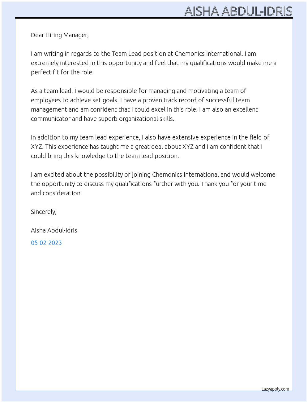 Team Lead At Chemonics International Cover Letter