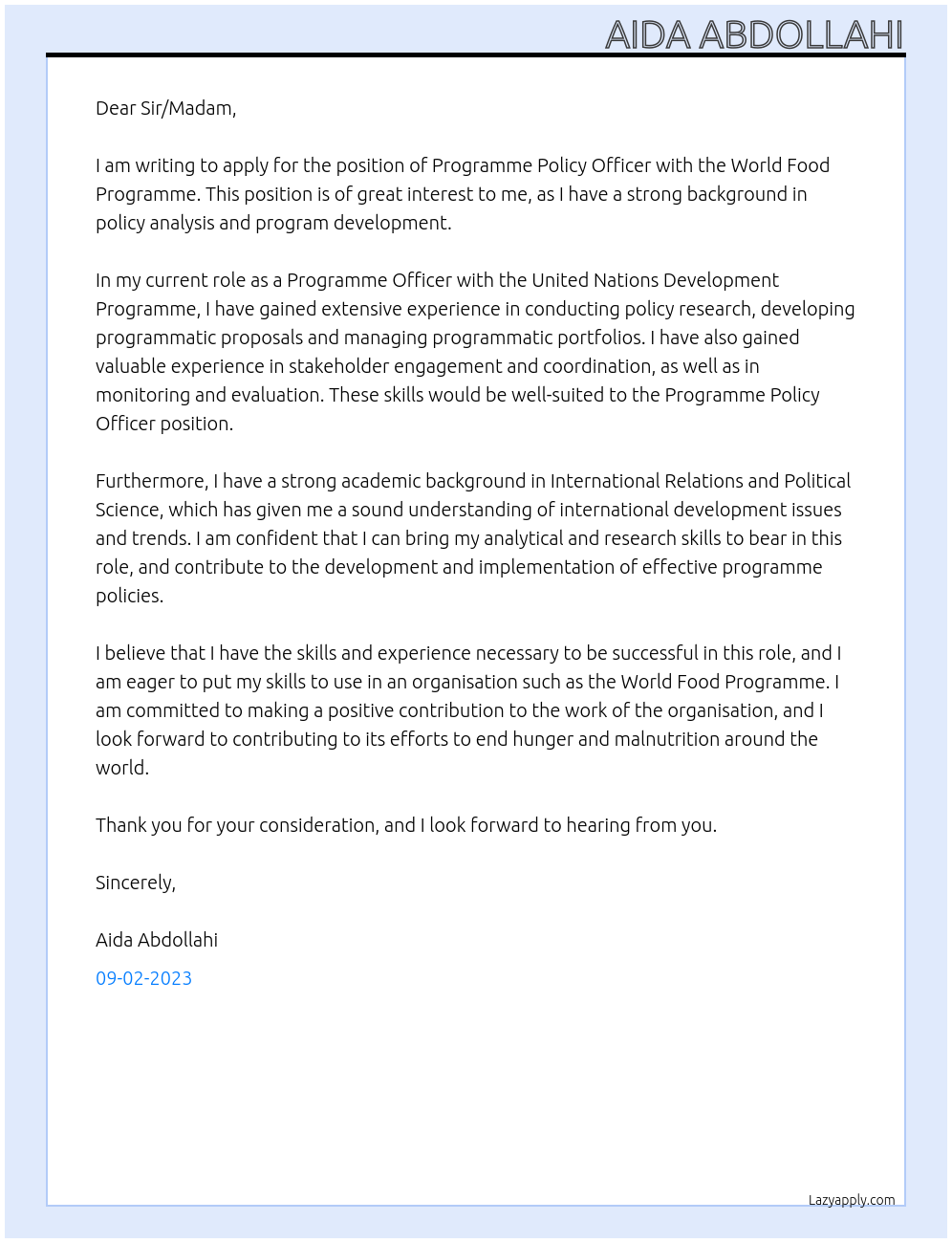 Programme Policy Officer At World Food Programme Cover Letter