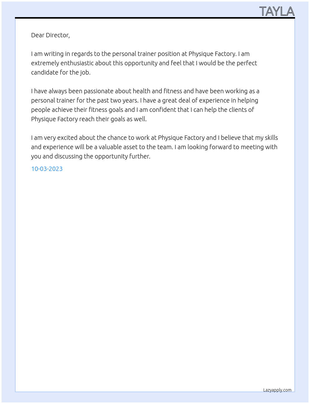 personal trainer At Physique Factory Cover Letter