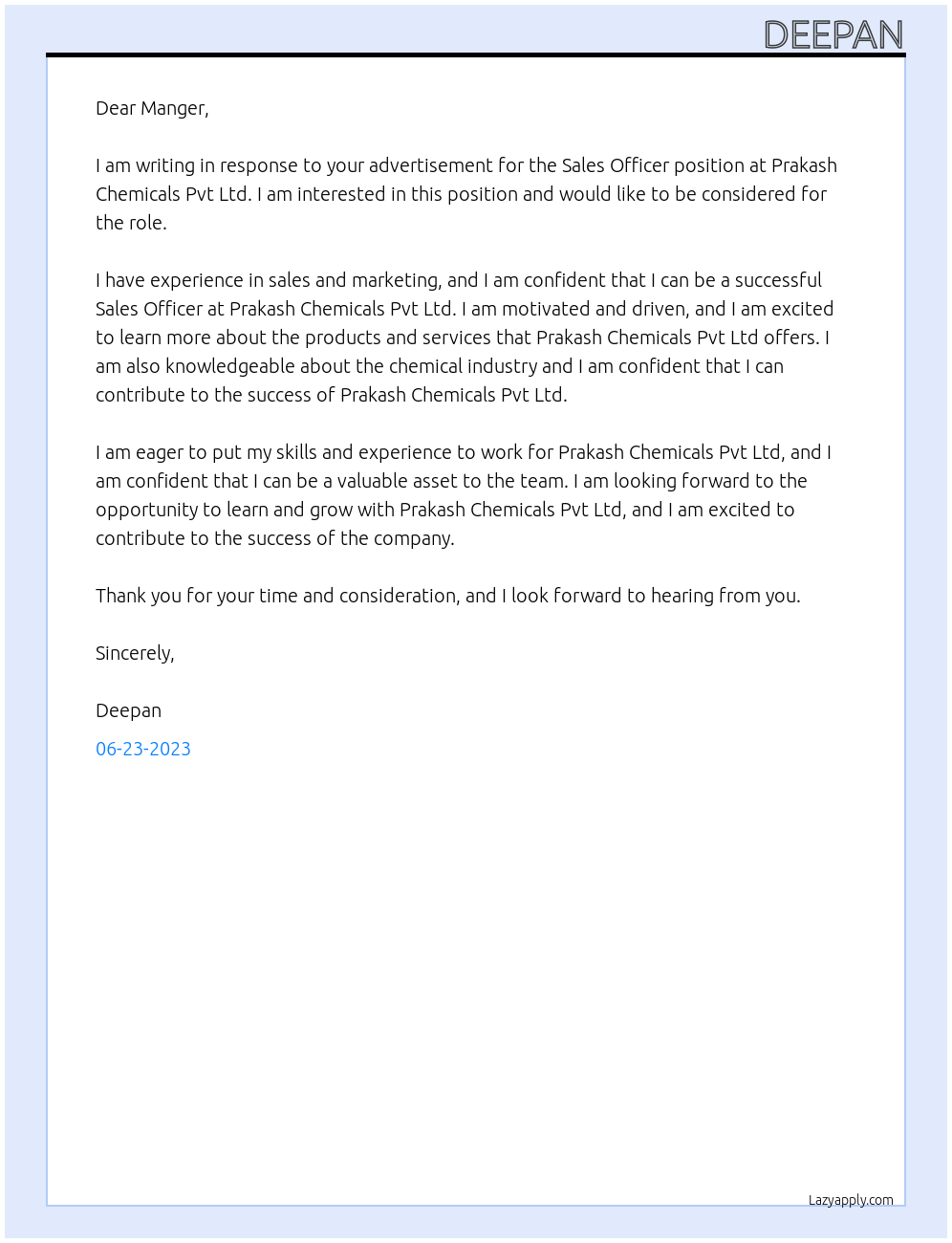 Sales Officer At Prakash Chemicals Pvt Ltd Cover Letter