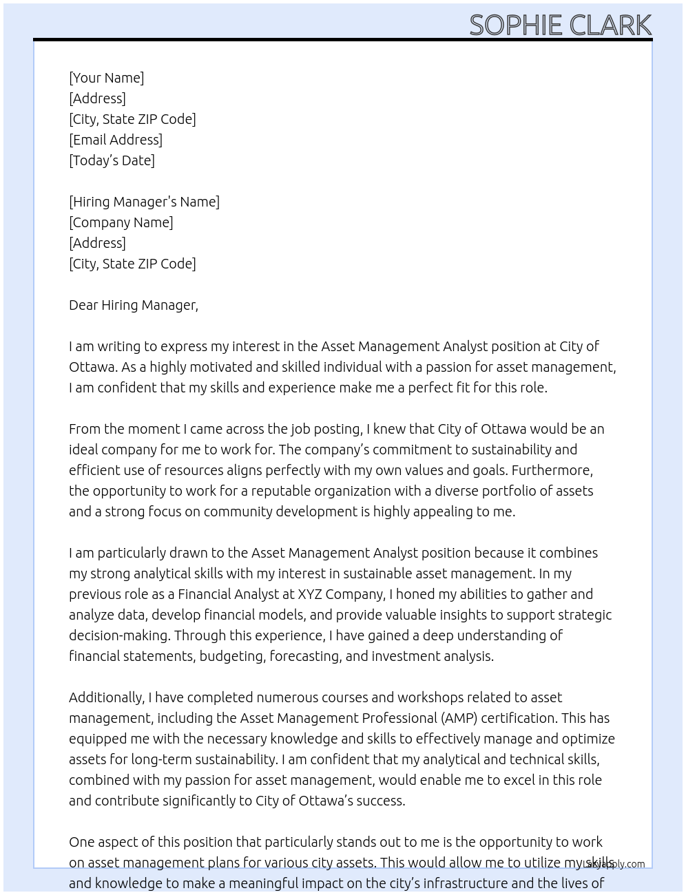 Asset Management analyst At City of Ottawa Cover Letter