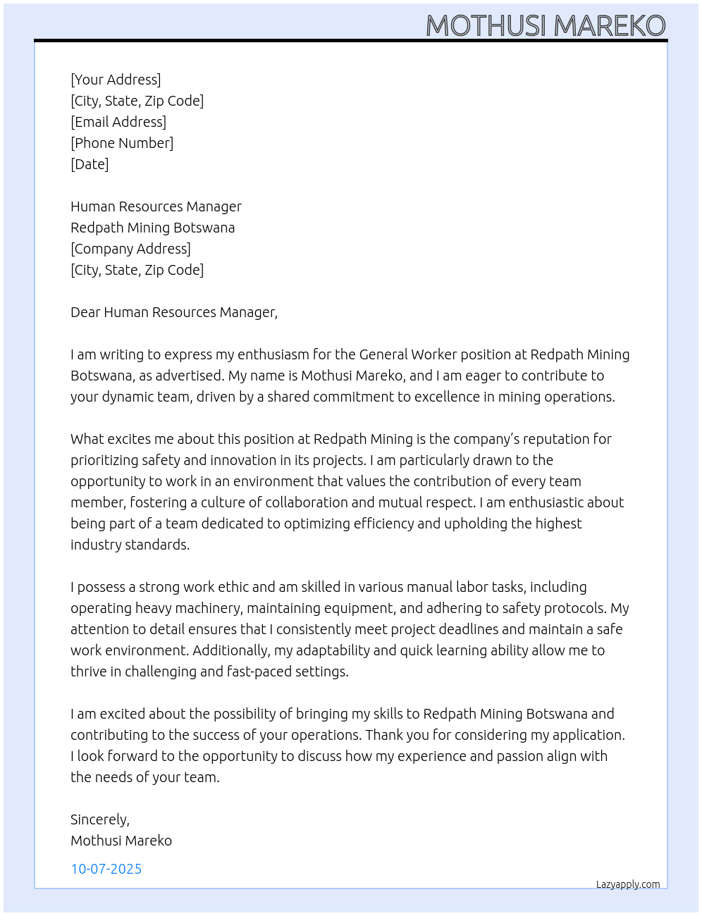 GENERAL WORKER At Redpath Mining Botswana Cover Letter