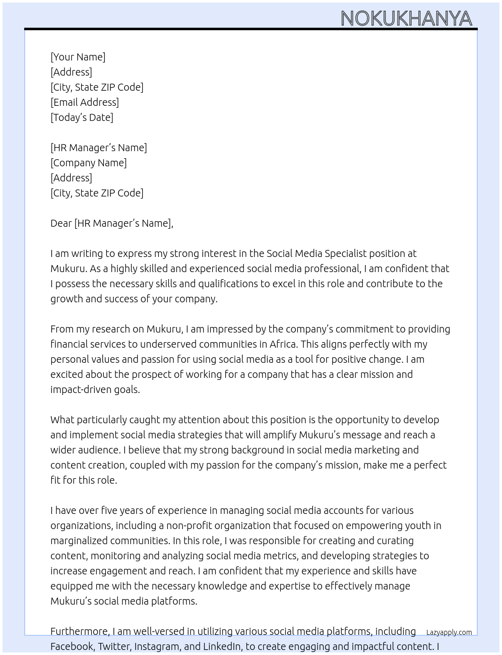 Social Media Specialist At Mukuru Cover Letter