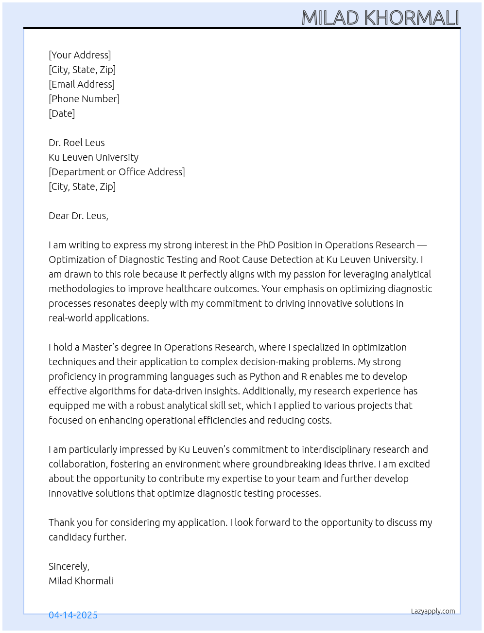 Cover letter for phd position in operations research – optimization of ...