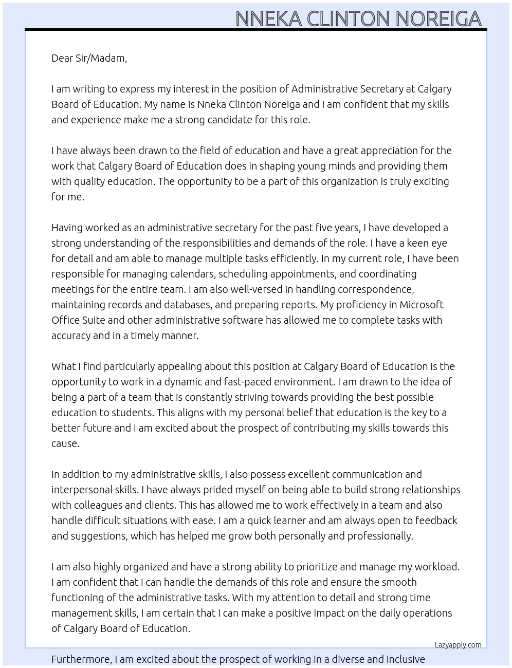 Administrative secretary At Calgary Board of Education Cover Letter